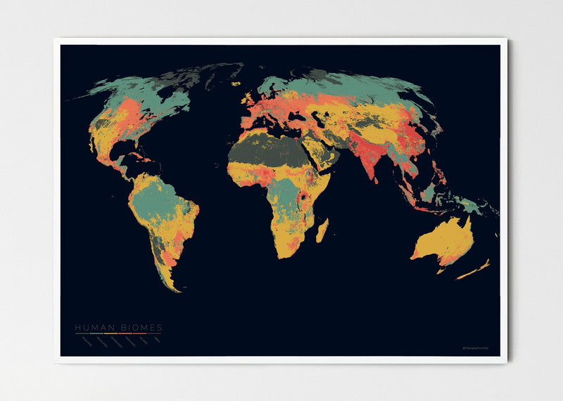 THE WORLD AS THE SIX ENVIRONMENTS WHERE HUMANS LIVE Mapographics Print Material ANTHROPOGENIC_BIOMES_LARGE7 / Small title / 100x70 cm (39.37x27.56")