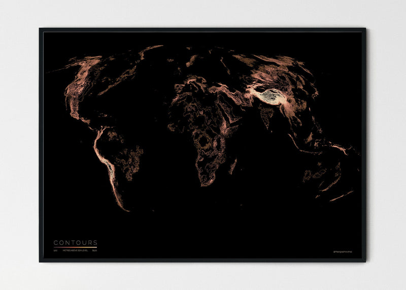 THE WORLD AS VALLEYS AND HILLS Mapographics Print Material CONTOURS_LARGE3 / Small title / 100x70 cm (39.37x27.56")