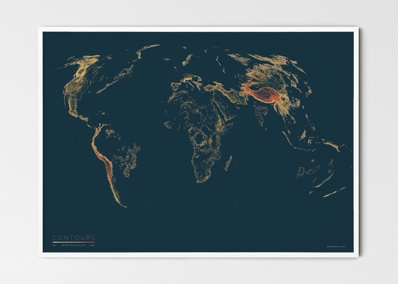 THE WORLD AS VALLEYS AND HILLS Mapographics Print Material CONTOURS_LARGE4 / Small title / 100x70 cm (39.37x27.56")