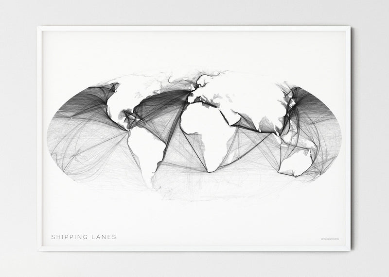 THE WORLD AS SHIPPING ROUTES Mapographics Print Material Shipping_LARGE19 / Small title / 100x70 cm (39.37x27.56")