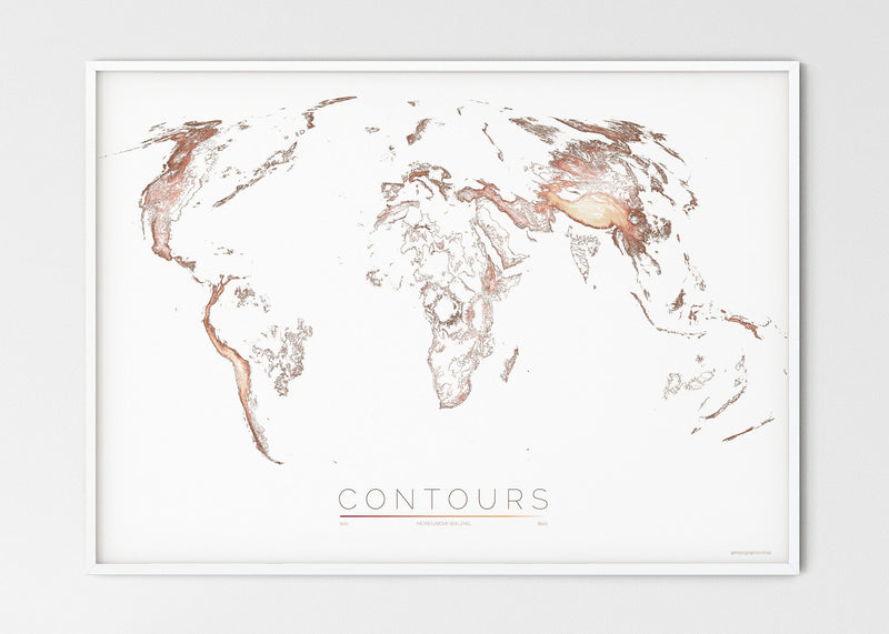 THE WORLD AS VALLEYS AND HILLS Mapographics Print Material CONTOURS_LARGE5 / Large title / 100x70 cm (39.37x27.56")