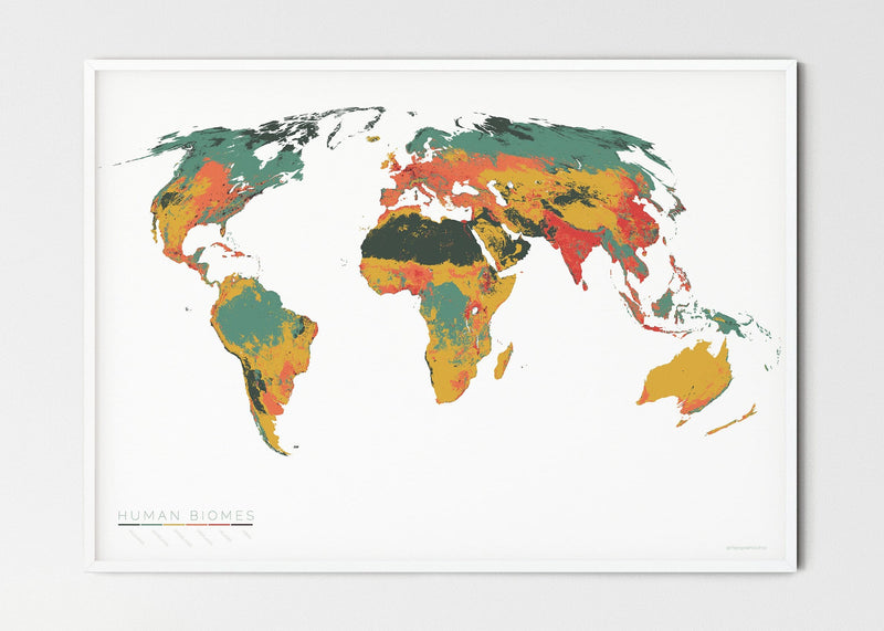 THE WORLD AS THE SIX ENVIRONMENTS WHERE HUMANS LIVE Mapographics Print Material ANTHROPOGENIC_BIOMES_LARGE6 / Small title / 100x70 cm (39.37x27.56")