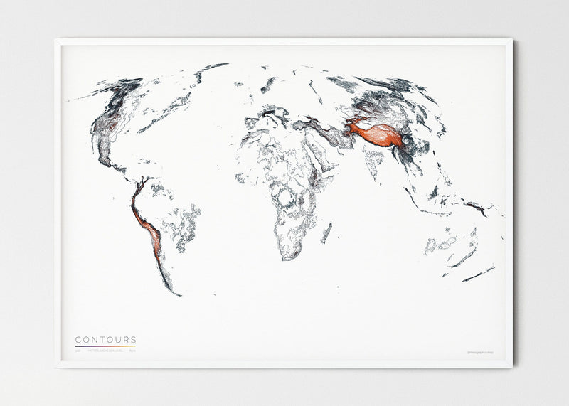 THE WORLD AS VALLEYS AND HILLS Mapographics Print Material CONTOURS_LARGE2 / Small title / 100x70 cm (39.37x27.56")