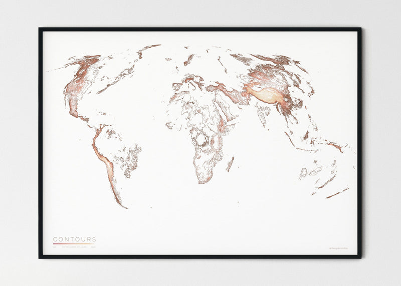 THE WORLD AS VALLEYS AND HILLS Mapographics Print Material CONTOURS_LARGE5 / Small title / 100x70 cm (39.37x27.56")