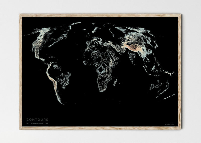 THE WORLD AS VALLEYS AND HILLS Mapographics Print Material CONTOURS_LARGE1 / Small title / 100x70 cm (39.37x27.56")