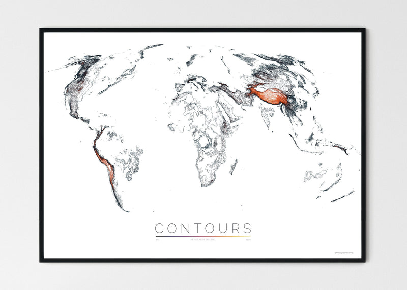 THE WORLD AS VALLEYS AND HILLS Mapographics Print Material CONTOURS_LARGE2 / Large title / 100x70 cm (39.37x27.56")