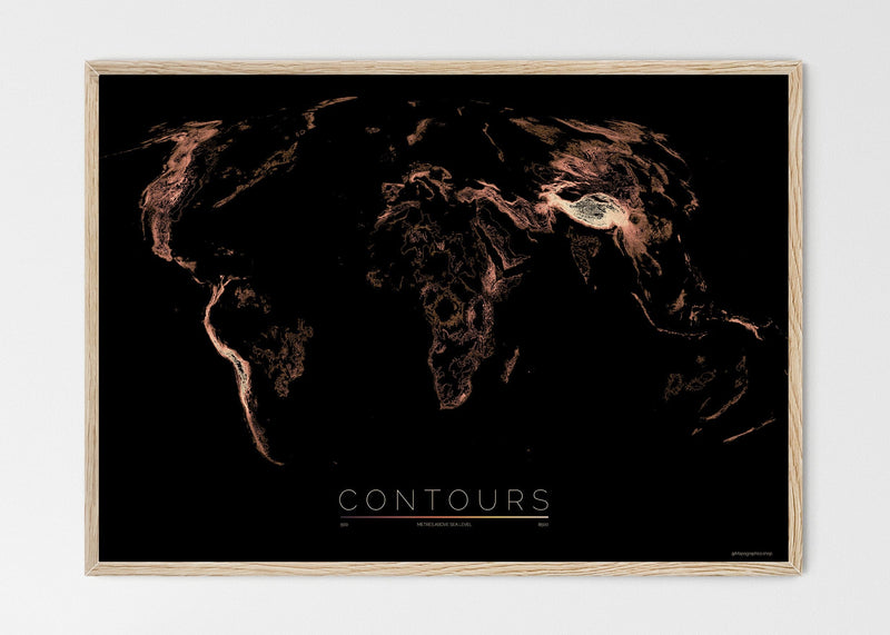 THE WORLD AS VALLEYS AND HILLS Mapographics Print Material CONTOURS_LARGE3 / Large title / 100x70 cm (39.37x27.56")