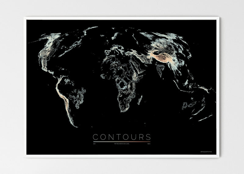 THE WORLD AS VALLEYS AND HILLS Mapographics Print Material CONTOURS_LARGE1 / Large title / 100x70 cm (39.37x27.56")